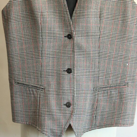 Vintage 1980s Unisex Vest, Rafaella Black White and Red Plaid Wool, Size Medium - Picture 6 of 10